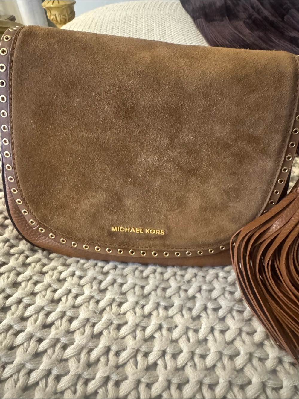 Michael Kors Brown Suede Crossbody with Fringe and Eyelet Detail